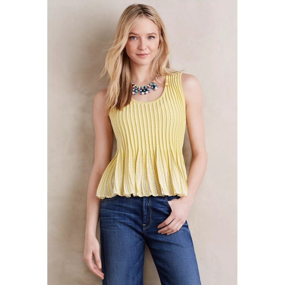 MOTH Anthropologie Ostinato Peplum Tank Top Yellow White XS Boho Pointelle Fairy